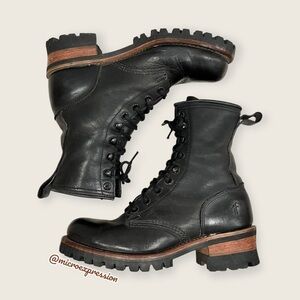 Frye Logger 8G Black Leather Vintage/Distressed Lace Up Work/Hiking Moto Boots